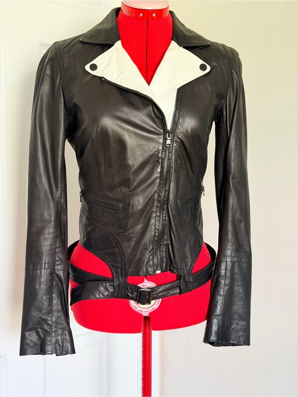 RARE Y2K Vintage Kenneth Cole Collection Leather Moto Biker Jacket Black White S